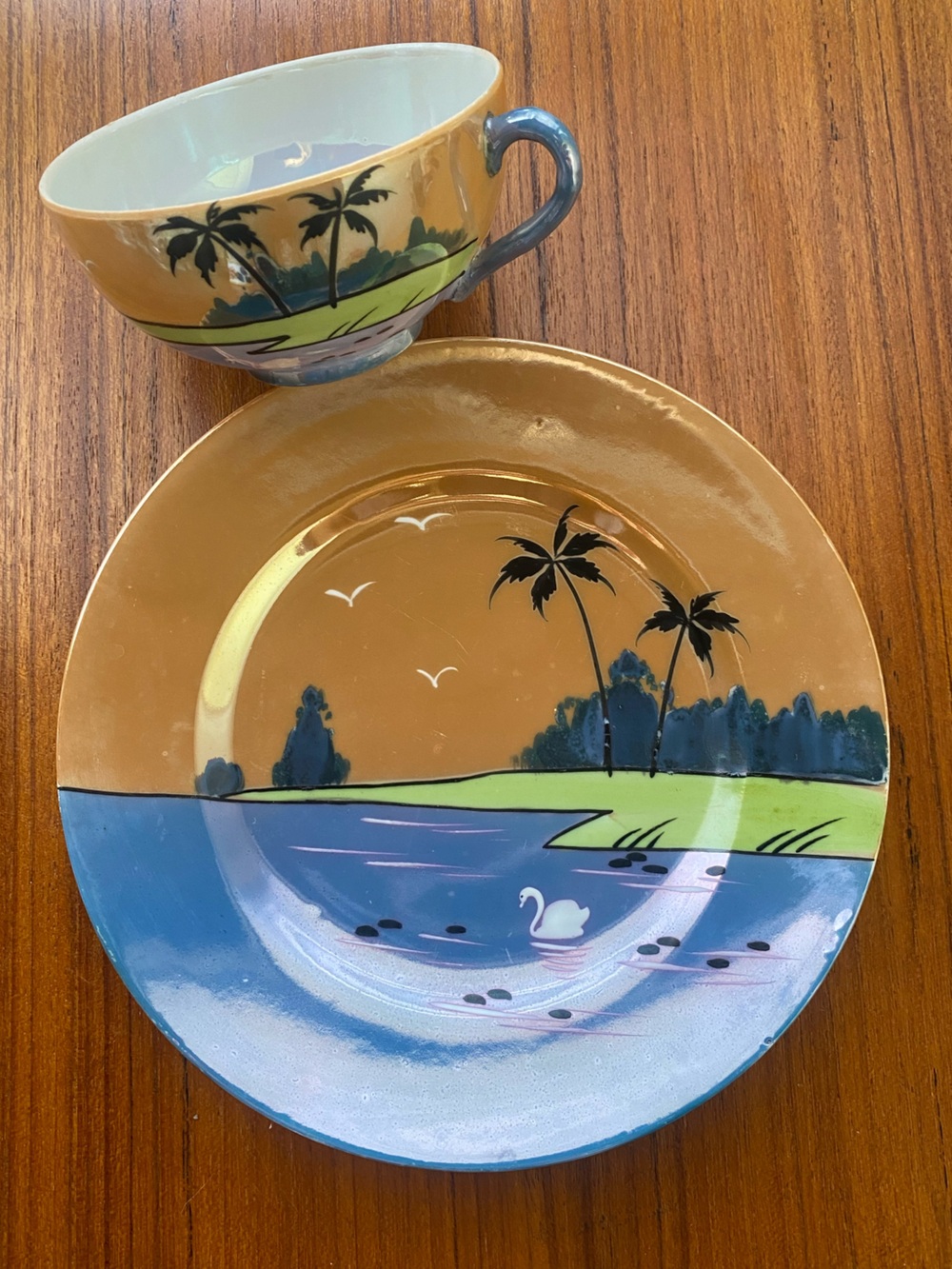 Vintage Tropical Scenic Teacup & Plate Set Made in Japan Pearlescent Finish